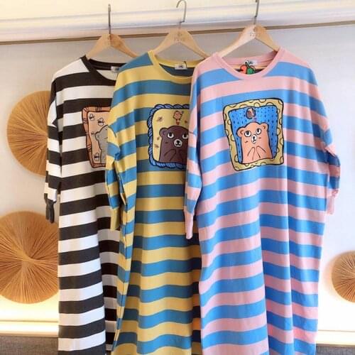 Winter Spring Nightdress Women Long Sleeve Nightgown Cartoon Printed Stripped Homewear Lady Sleepwear Sleepdress Women