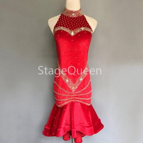 Rhinestones Sexy Openwork Latin Dance Red Dress Competition Performance Dancewear Stretch Net Practice Clothes Fish Bone Skirt
