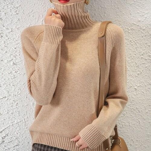 Autumn and winter new high-neck wool knit sweater women loose pure wool back buckle bottoming sweater pullover blouse thickening