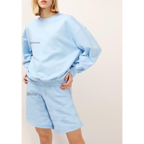 Crewneck Sweatshirt+Long Shorts Two Piece Set Women Solid Long Sleeve Tops High Waist Sweatpants, 100% Cotton Casual Tracksuit