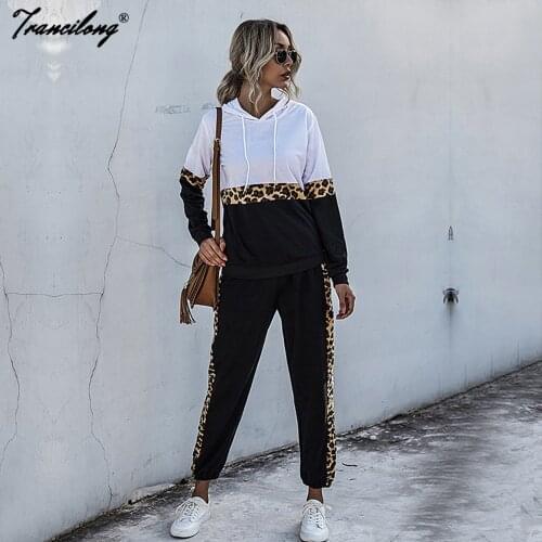 Hoodies Joggers Tracksuit Leopard Print Sports Outfits Stitching Sweat Suit Women Casual Fashion Two Piece Sets Plus Size Spring