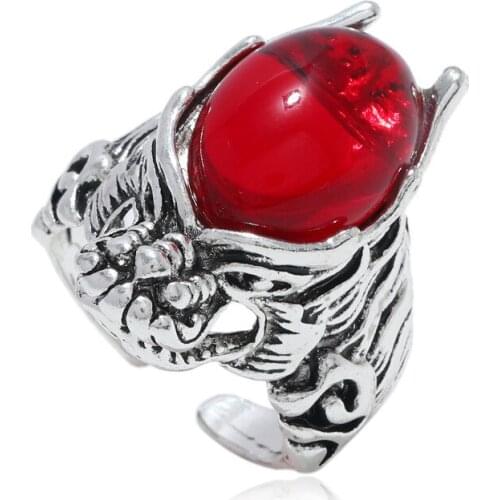 Punk Hip Hop Stainless Steel Biker Rock Rings for Women Men Cool Personality Big Red Stone Dragon Open Ring Unisex Party Gift