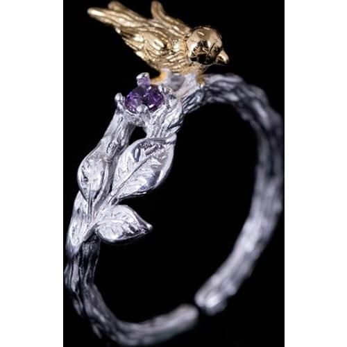 S925 Sterling Silver Open ring Vintage Personalized branch color separation bird adjustable inlaid purple crystal Animal Phoenix