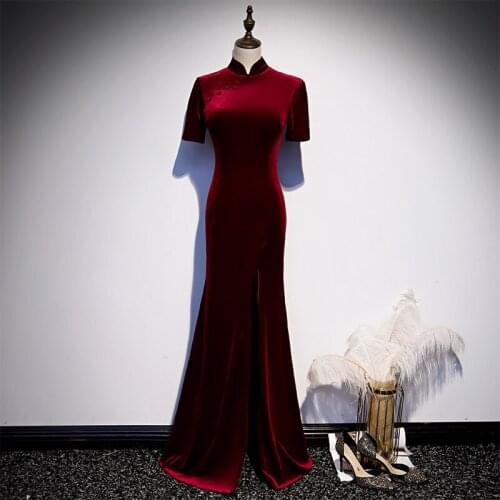 Burgundy Vintage Evening Dress High Neck Short Sleeves Mermaid Zipper Back Floor-Length Velour Party Formal Dresses Woman B966