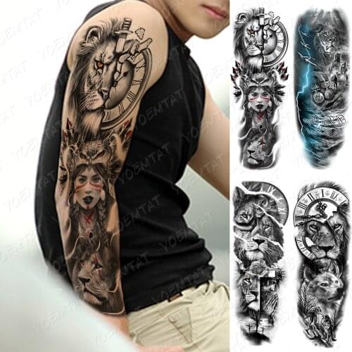 Waterproof Temporary Full Arm Tattoo Stickers Lion Girl Warrior Tribal Totem Flash Tattoos Man Body Art Fake Sleeve Tatto Female