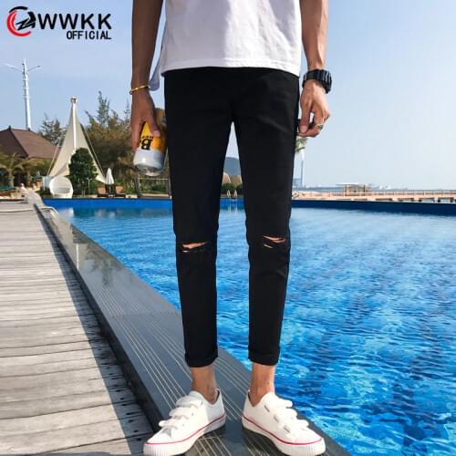 WWKK Men Stretchy Ripped Skinny Biker Embroidery Print Jeans Destroyed Hole Taped Slim Fit Denim Scratched High Quality Jean
