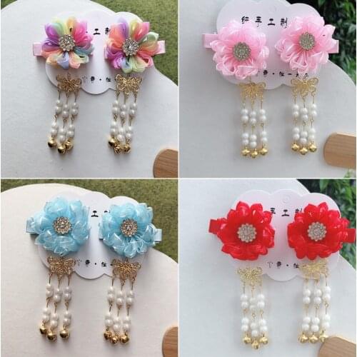 Antique photo step by step flower hairpin pearl suspender bell pair of yarn lace clip Hanfu headdress girl head flower