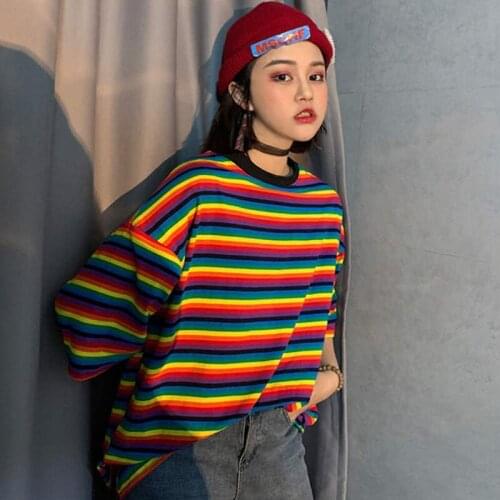 2021 Summer New Women T-Shirts Rainbow Striped Tee Shirts O-neck Harajuku Loose T Shirt Woman Clothes Short Sleeve Tshirts