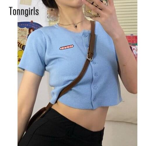 Tonngirls Summer T-shirt Women Short Sleeve Knittted Crop Top Women Casual Slim Vintage T Shirt Tee Shirt Femme Korean Style
