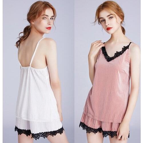Ladies Velvet Spring Suspenders Shorts Two-Piece Sexy Lace Thickening Home Service Sexy Pijama Mujer Lounge Negligee Pajamas