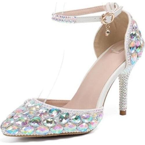 Women Pumps 2020 Wedding Party Shoes Women Sequined Cloth Buckle Strap Thin High Heels Pointed Toe Dress Office & Career Bling