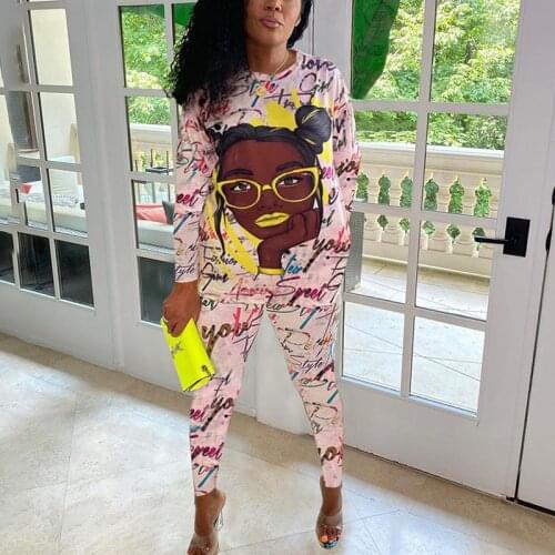 Women 2 Pieces Cartoon Letter Printed Long Sleeve O-Neck T-Shirt Top & Fashion Slim Long Pants Set