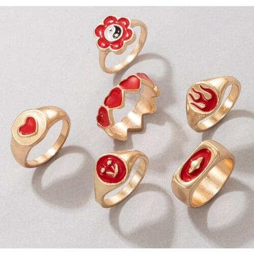 6 Pcs/Set Tai Chi Yinyang Oil Fire Cherry Rings Set Fashion Heart Rings for Women Men Punk Personality Jewelry Accessories