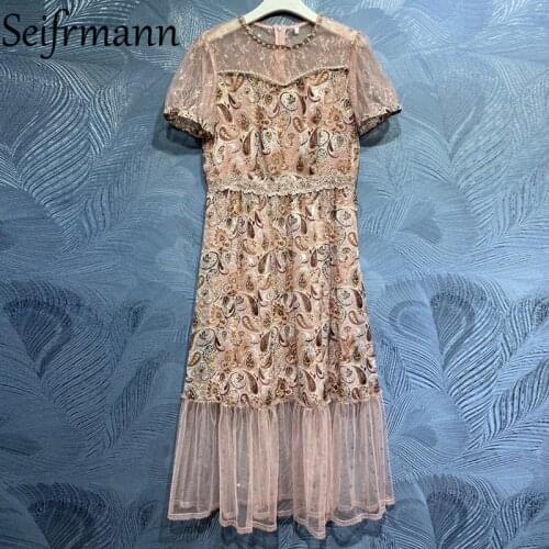 Seifrmann New 2021 Summer Women Fashion Runway Party Midi Dress Short Sleeve Gorgeous Beading Lace Print Patchwork Mesh Dresses