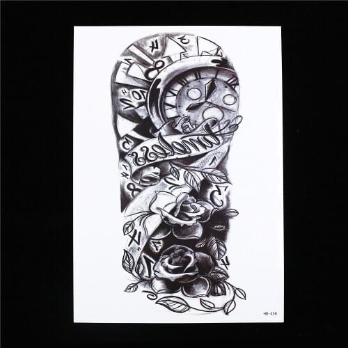 1 Sheet Fake Black Decal Flower Arm Cool Women Men Body Art Tattoo HB458 Temporary Skull Clock Time Makeup Tattoo Sticker Design