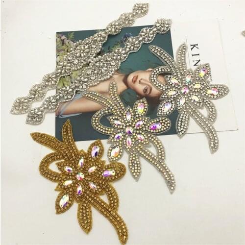 2 pcs Sew Iron On Beaded rhinestone applique trimming for wedding Bridal Dress Belt Motif