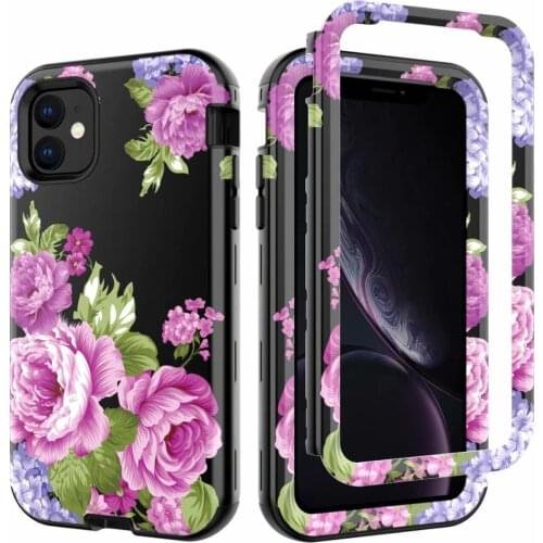 360 Full Hybrid Armor Phone Case For iPhone 11 11 Pro MAX Coque Flower Pattern Cover Marble PC Silicone Bumper Shockproof Case