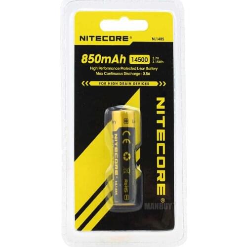 Nitecore NL1485 14500 850mAh 3.7V 3.15Wh 0.8A Protected Lithium Ion (Li-ion) Button Top Battery wholesale for MT10A EA11 Torch