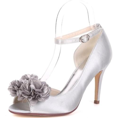 Creativesugarsatin elegant flower empty side lady satin evening dress shoes open peep toe ankle strap bridal wedding prom heels
