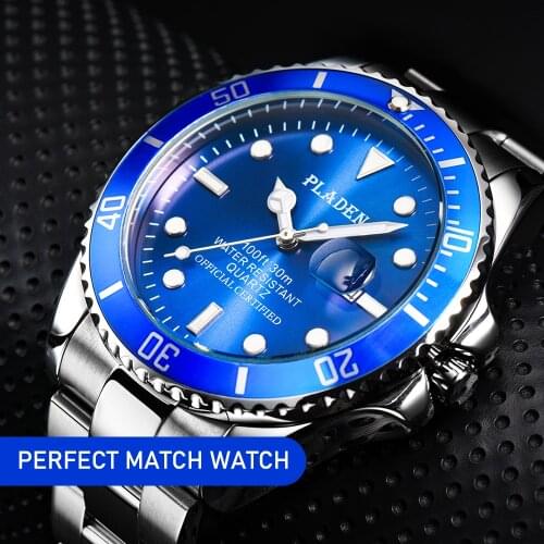 PLADEN Blue Men Watch Luxury Quartz Wrist Watch Men Sapphire Stainless Steel 30m Waterproof Luminous Watch Relogio Masculino