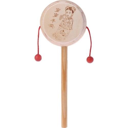 Wood Cartoon Chinese Traditional Spinning Rattle Drum Hand Bell Baby Musical Toy Y4QA
