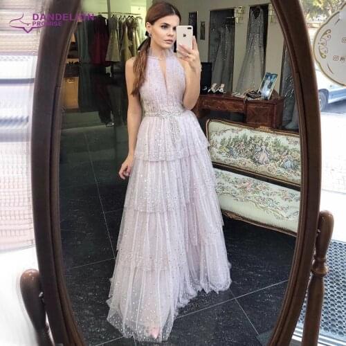Dubai A-Line Evening Dresses for Women 2020 High Neck Crystal Tulle Tiered Layers Graduation Formal Engagement Party Gowns
