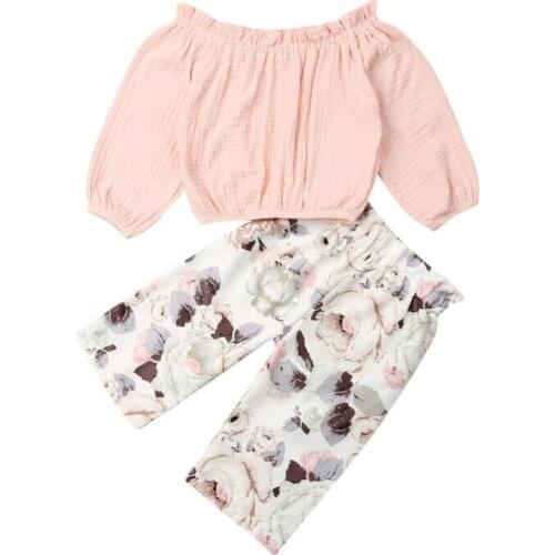 Boutique Girl Clothes 2019 Toddler Baby Girl Clothes Long Sleeve Cotton and linen Ruffle Vest Tops+Floral Pants 2pcs Outfits