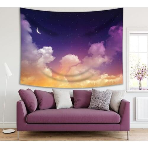 Tapestry New Moon Clouds And Stars Peaceful Romantic Night Sky Illustrations Yellow and Blue