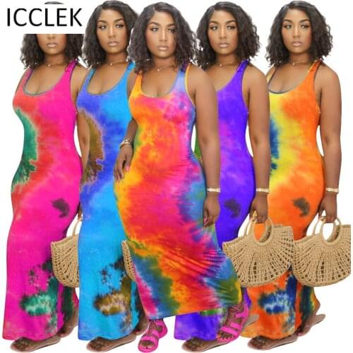 ICCLEK Wholesale Items Plus Size Summer Women Fashion Sexy Tie-dye Print Tank Top Dress