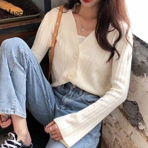Long-Sleeve Button Cardigan Autumn Womens Sweaters 2020 Korean-Style Jumper Knitted Sweater Women Solid V Neck Clothing 11639