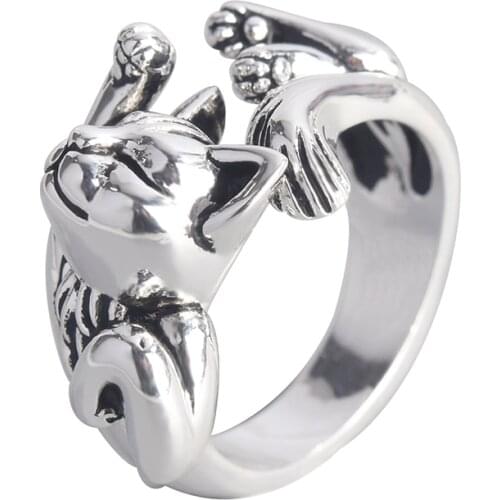 Retro Neutral Sleep Cat Open Finger Ring Gift Unique Fashion Animal Punk Ring for Men Women Adjustable Fingers Jewelry