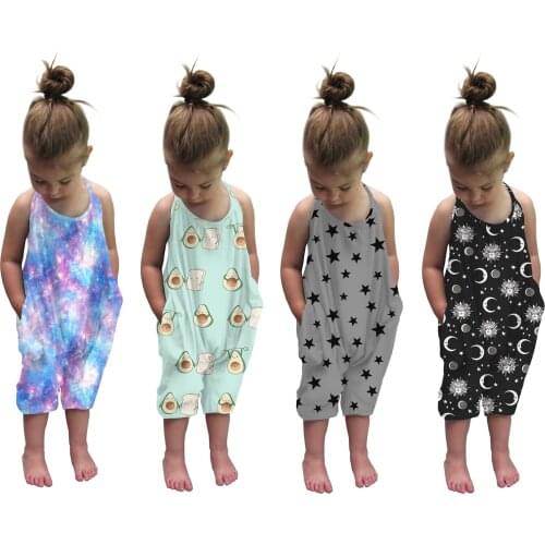 FOCUSNORM 2-7Y Summer Lovely Kids Girls Jumpsuits Pattern Printed Sleeveless Belt Loose Rompers 4 Colors