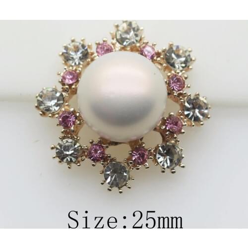 New 10pc 25mm Pink Pearl Clear Glass Rhinestone Flowers Buttons Alloy Golden Button Wedding Decorative Beauty Accessories