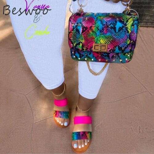 New 2021 Fashion Snakeskin Print Shoulder Bag Colorful Serpentine Sandals Leather Chain Cross-body Bag Womens Handbag 2Pcs Set