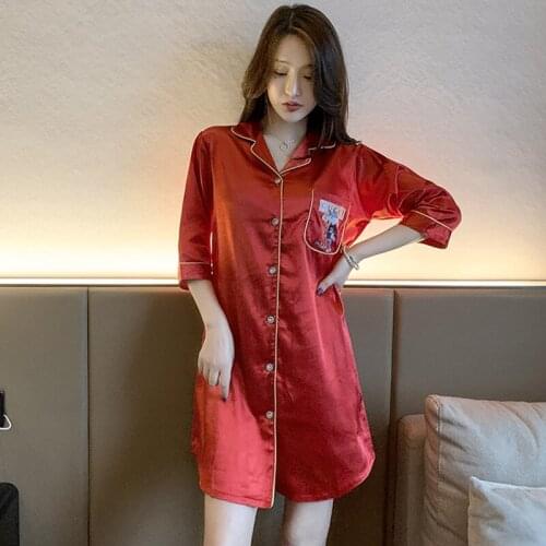 2021 Spring Summer New Silk Simulation Cardigan Nightdress Womens Thin Sexy Nightgown Sleepwear Homewear Sleeping Dress