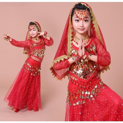 New girls Sequins Belly Dance Costume rose red/red/yellow 3 colors Bollywood Indian Dance Costumes 2-3-4-5-6-7pcs Sets