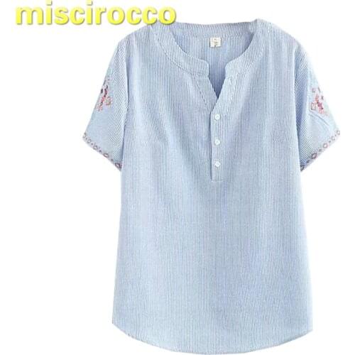 Maternity Clothings Cotton Women Shirt Pregnancy Shirts Summer Big Size Embroidered Short Sleeve Woman Clothing Tripes Shirt