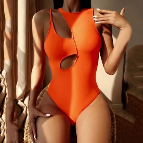 Solid Color High Cut One Piece Swimsuit Women Swimwear Female Hollow Out Bather Bathing Suit Swim Lady