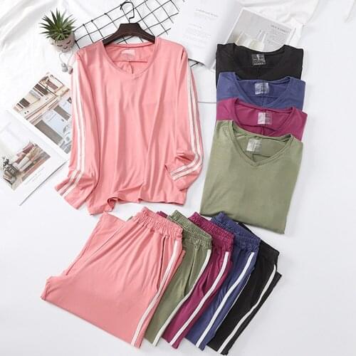 Fdfklak 2 Pcs/Sets Spring Autumn Modal Women Pajamas Set Sleepwear Loose Top+Long Pant Femme Lounge Pijama Mujer Girls Pyjama