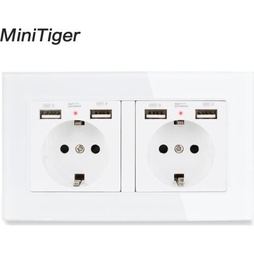 Minitiger 2 Gang Russia Spain EU Standard Wall Socket With 4 USB Charge Port Hidden Soft LED Indicator Crystal Glass Panel