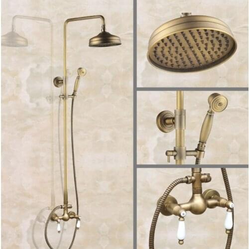 Vintage Antique Brass Wall Mount 8 Inch Rain Bathroom Rainfall Shower Faucet Set Double Handle Hand Spray Head Mixer Tap 2an112