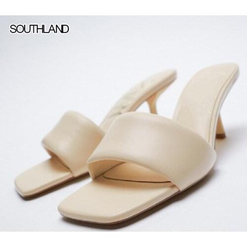 SOUTHLAND New Summer 2021 High Heel Women Peep Toe Slippers Square Toe One World Fashion Sandals