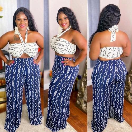Two Piece Set Women Summer Backless Crop Tops + Wide Leg Pants Boho Printed 2 Piece Sets Outfits Tracksuit Plus Size 4XL 5XL