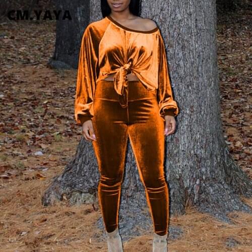 CM.YAYA Women Tracksuit Solid Velvet Two 2 Piece Sets Bandage Tops + Pants Set Female Active Sweatsuits Fashion Outfits Autumn