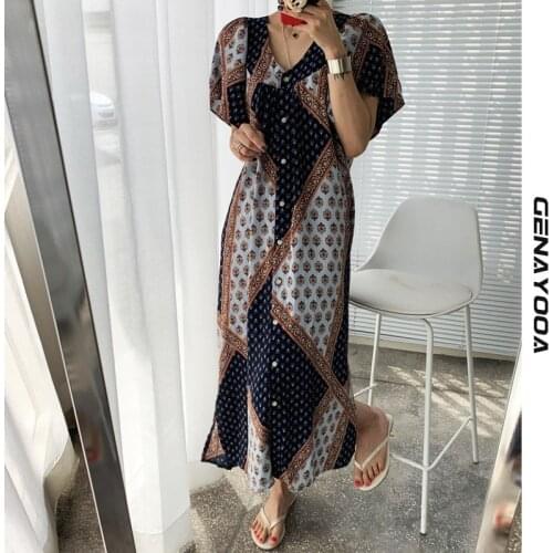 Genayooa Bohemian Summer 2021 Dress Women Korean Style Short Sleeve Vestidos Boho Vintage Long Women Dress