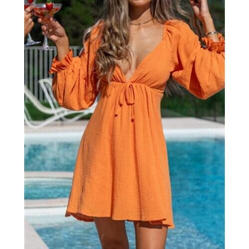 Spring and Autumn Ladies Fashion New Sexy Deep V-neck Long-sleeved Dress SimpleMid-length Sleeves Feminine Nightclub Party Dress