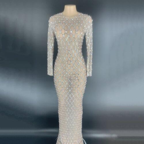 New Transparent Shining Rhinestones Long Sleeve Dress Birthday Celebrate Evening Prom Party Dress Bar Women Singer Stage Costume