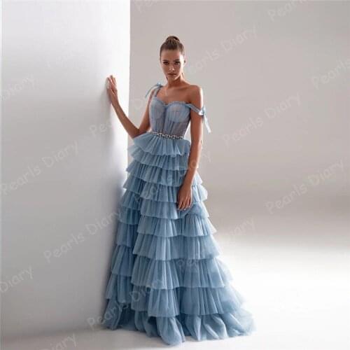 Elegant Blue Ruffles Evening Dresses Saudi Arabia Tiered Long Prom Dress Crystal Sash Party Gowns 2021 Illusion Vestido De Festa
