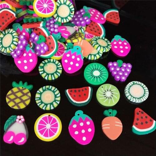 20pcs/lot 2cm Fruits Polymer Hot Soft Clay Sprinkles Plastic Klei Mud Particles With Hole Carrot Watermelon Cherry Kiwifruit