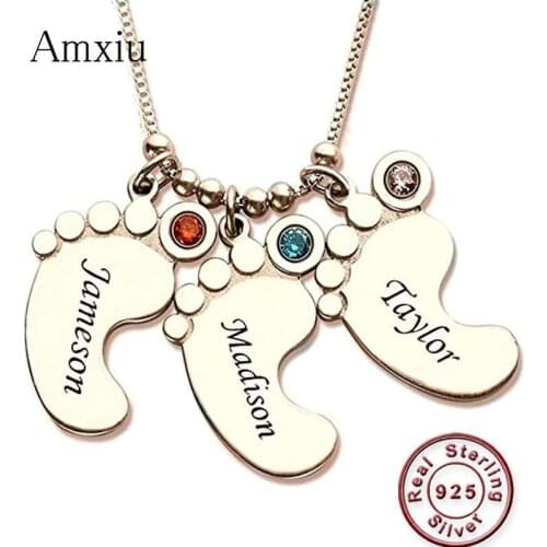 Amxiu Custom Feet 925 Sterling Silver Necklace Engrave Three Names Pendant Necklace with Birthstone Personalized Name Necklace